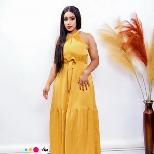 Belted Grecian Neck Tiered Maxi Dress